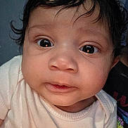 Daya is registered to the contest to win money with this photo: baby, close_up, face, infant, curious, wide_eyes, soft_clothing, skin, head, portrait, child, person, young, cute, expression, indoors, human, newborn, adorable, hair