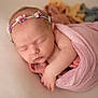 newborn, baby, sleeping, blanket, pink, headband, flower, soft, wrapped, peaceful, closeup, infant, resting, cute, portrait, child, toddler, skin, delicate, warm