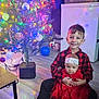 Peter is registered to the contest to win money with this photo: child, baby, christmas_tree, holiday, festive, indoor, smiling, boy, girl, red_dress, headband, floor, decorations, lights, ornaments, home, refrigerator, table, plush_toy, happy