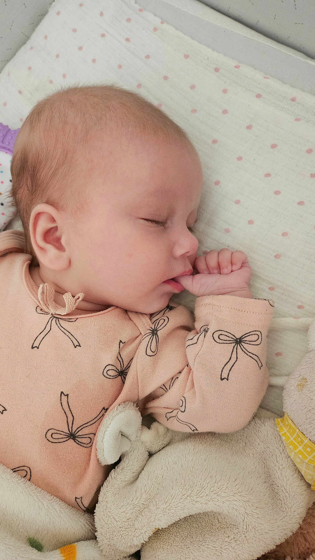 Elizabeth is registered to the contest to win money with this photo: baby, sleeping, infant, blanket, plush_toy, thumb_sucking, pink_clothing, cute, peaceful, face, head, soft_texture, bed, child, young, cozy, resting, indoors, person, closeup