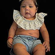Ava is registered to the contest to win money with this photo: baby, child, infant, face, headband, flower, arm, hand, clothing, shorts, ruffle, skin, cute, portrait, sitting, black_background, expressionless, red_bracelet, casual, indoors