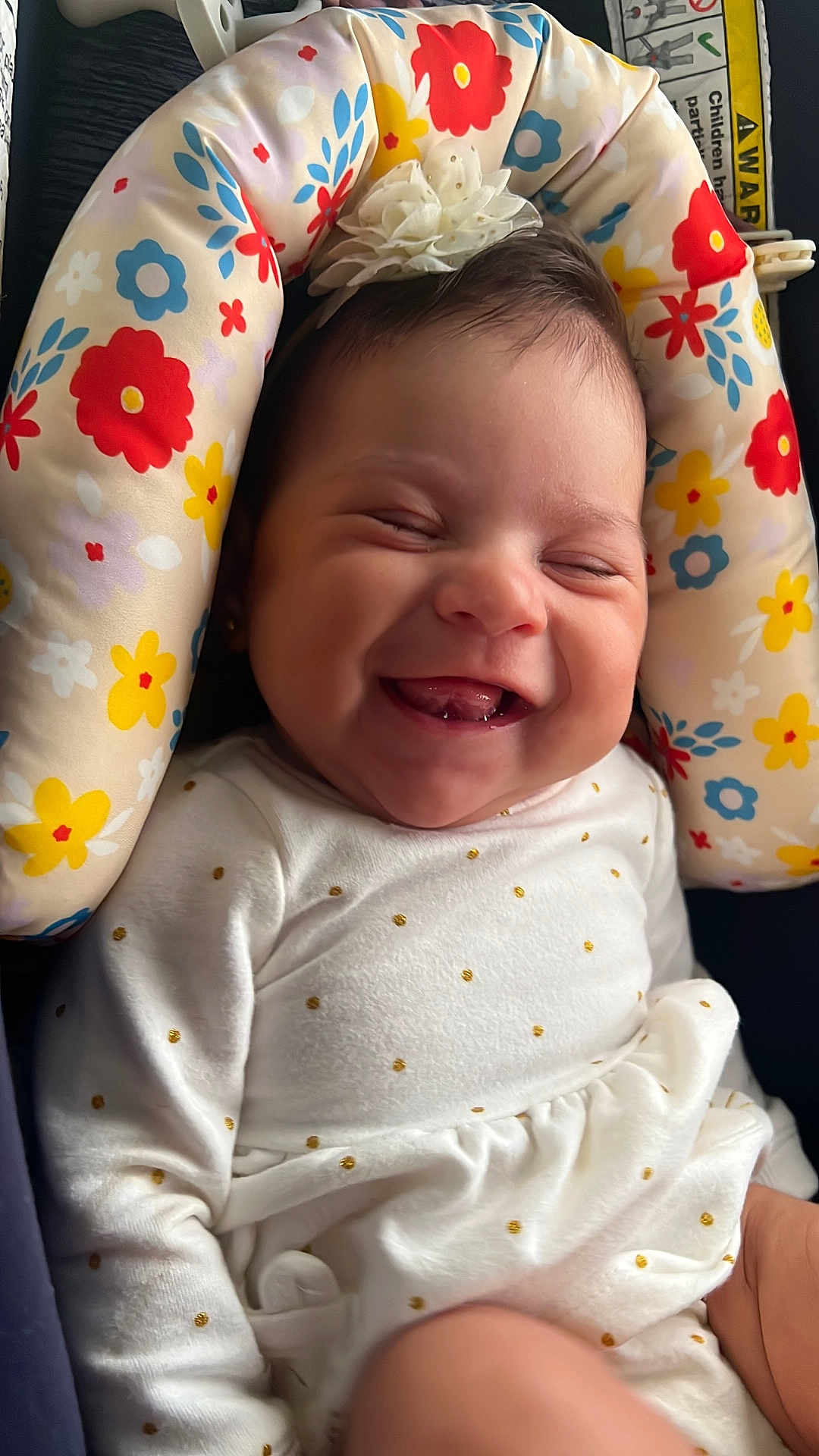 Analia Sucre joined the competition — help win amazing prizes! baby, smiling, infant, white_clothing, flower_headband, floral_pattern, cushion, happy, cute, portrait, child, indoors, seat, closeup, headband, polka_dots, baby_girl, cheerful, adorable, young_child