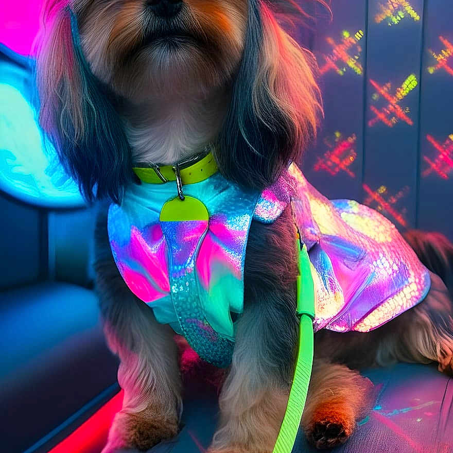 Tiger-Lillie is registered to the contest to win money with this photo: accessory, animal, bench, bright_colors, clothing, colorful, cute, decor, dog, fashion, fur, futuristic, glowing, indoor, leash, neon, pet, portrait, puppy, small_dog