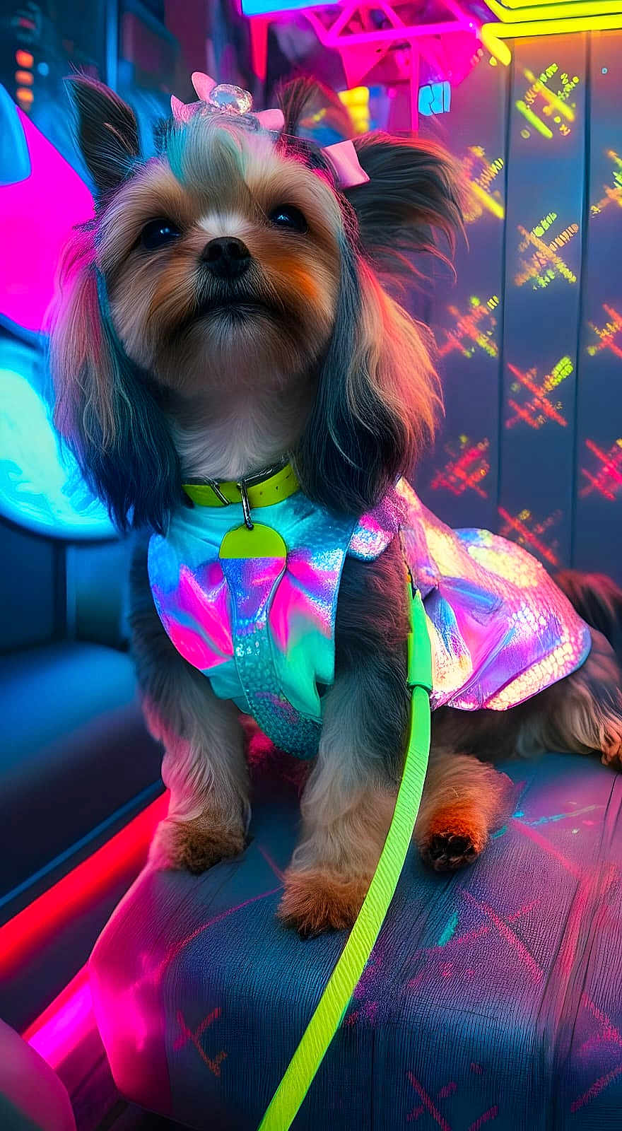 Tiger-Lillie is registered to the contest to win money with this photo: dog, puppy, pet, clothing, neon, colorful, futuristic, indoor, bench, small_dog, fur, leash, cute, portrait, glowing, fashion, accessory, animal, bright_colors, decor