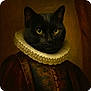 Bubba joined the competition — help win amazing prizes! animal_portrait, artistic, black_cat, classic, close_up, costume, dark_background, decorative, elegant, feline, green_eyes, historical, indoor, luxury_fabric, noble, ornate_clothing, portrait_style, renaissance_style, ruffled_collar, vintage