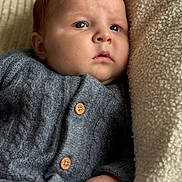 Teddy is registered to the contest to win money with this photo: baby, infant, face, portrait, knitted_sweater, grey_clothing, wooden_buttons, blanket, soft_texture, cozy, resting, closeup, skin, hand, indoor, child, young_baby, warm, comfort, sleepy