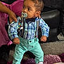 Nash Griffin joined the competition — help win amazing prizes! toddler, child, pacifier, bow_tie, suspenders, plaid_shirt, mint_pants, white_shoes, purple_rug, toy_piano, carpet, adult_hand, living_room, black_couch, person, cute, standing, supporting_hand, indoor, colorful_toy
