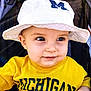 baby, child, face, hat, bucket_hat, clothing, sweatshirt, yellow, white, person, portrait, cute, smiling, young, infant, apparel, headwear, kid, closeup, outdoor