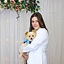 Jochi joined the competition — help win amazing prizes! animal, bow_tie, curtains, cute, decor, dog, elegant, face, floral_arrangement, friendly, holding, indoor, light, pet, portrait, small_dog, smile, warmth, white_clothing, woman