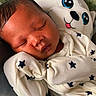 newborn, baby, sleeping, plush_toy, onesie, star_pattern, cozy, cute, child, infant, soft_toy, peaceful, resting, closeup, indoor, portrait, head, face, relaxation, comfort