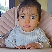 Rose participe au concours pour gagner de l'argent avec cette photo : baby, big_eyes, centered, child, clock, closeup, curtain, dining_room, expression, hair, hands, highchair, indoor, long_sleeves, portrait, seat, shirt, toddler, tray, wall