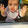 baby, toddler, face, tongue, hands, window, glass, bib, clothing, indoor, child, playful, cute, expression, person, portrait, sitting, reflection, skin, young