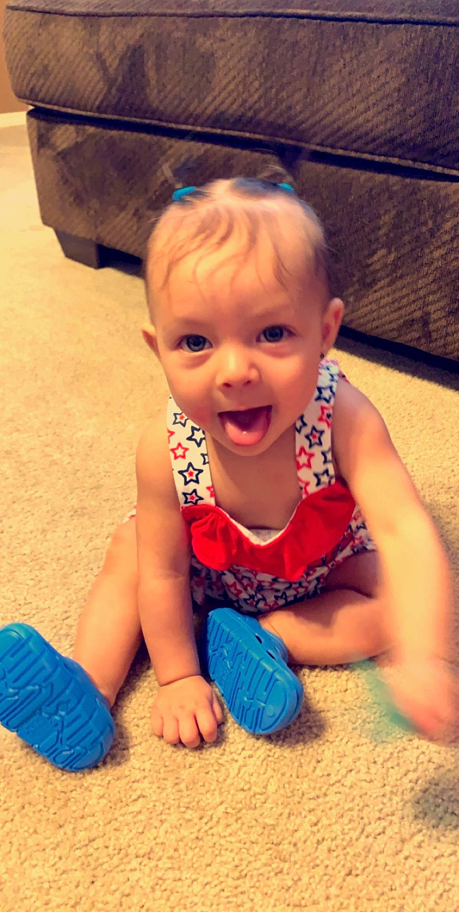 Janessa is registered to the contest to win money with this photo: baby, baby_laughing, baby_toddler_clothing, cheek, child, face, facial_expression, fun, head, mouth, person, play, sitting, skin, smile, toddler, tummy_time
