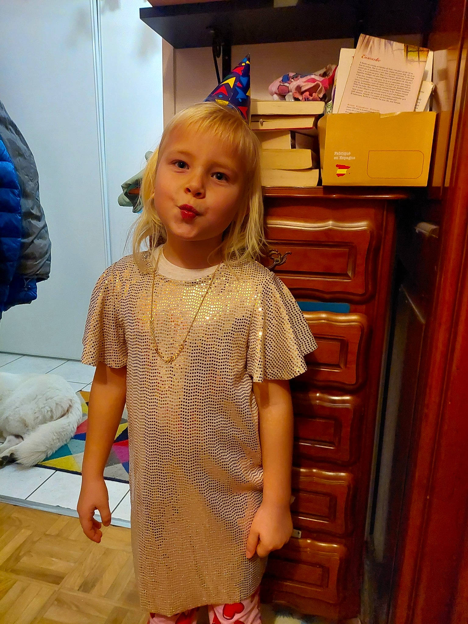 Paulina participe au concours pour gagner de l'argent avec cette photo : cabinetry, chest_of_drawers, child, drawer, dresser, fashion_design, floor, flooring, fun, hair, happy, hardwood, joint, long_hair, person, shoulder, sleeve, standing, trunk, waist