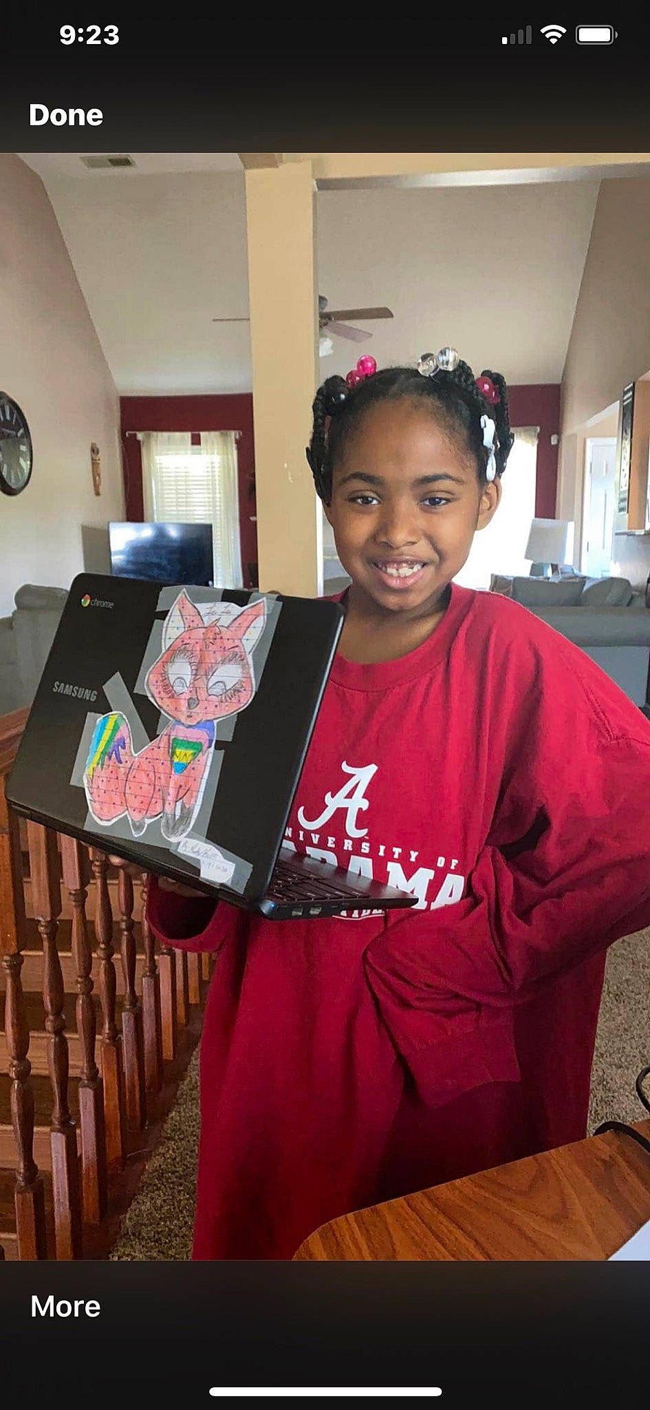 Leigh'Andra is registered to the contest to win money with this photo: artist, audio_equipment, chair, child, christmas, community, costume, event, fashion_design, fun, holiday, hoodie, jewellery, joy, person, room, sitting, smile, t_shirt, tableware