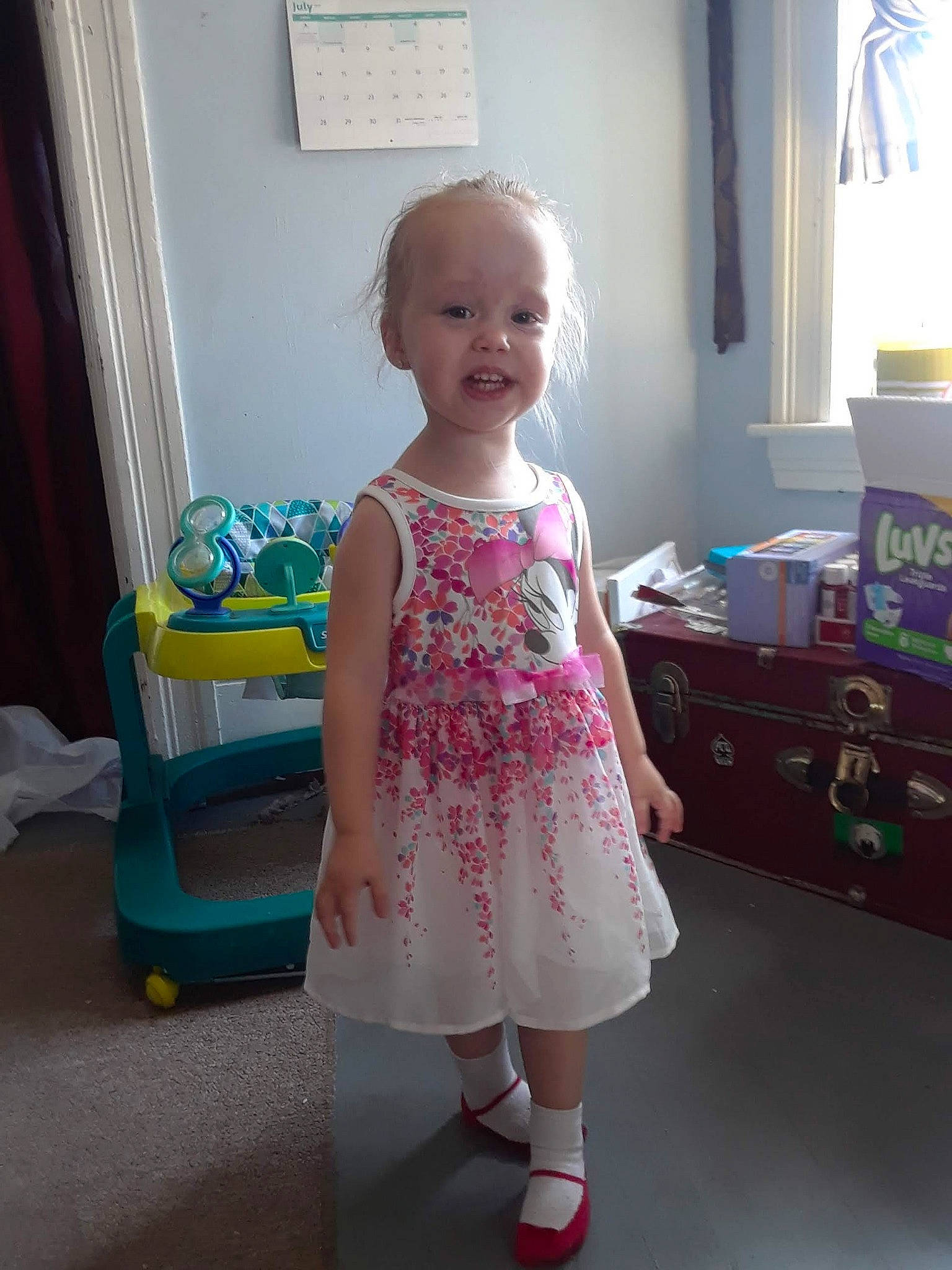 Avahlynn is registered to the contest to win money with this photo: child, dress, furniture, person, pink, play, room, standing, toddler