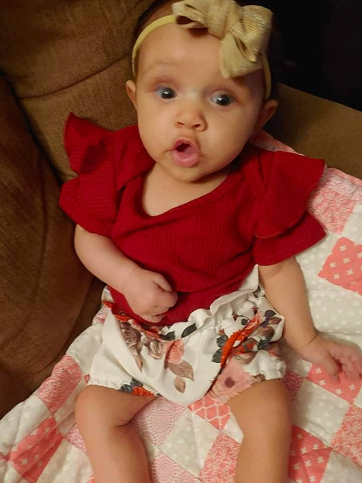 Victoria Mitchell joined the competition — help win amazing prizes! baby, baby_toddler_clothing, beauty, cheek, child, comfort, day_dress, dress, eye, face, head, iris, leg, lip, pattern, person, pink, skin, sleeve, surprise