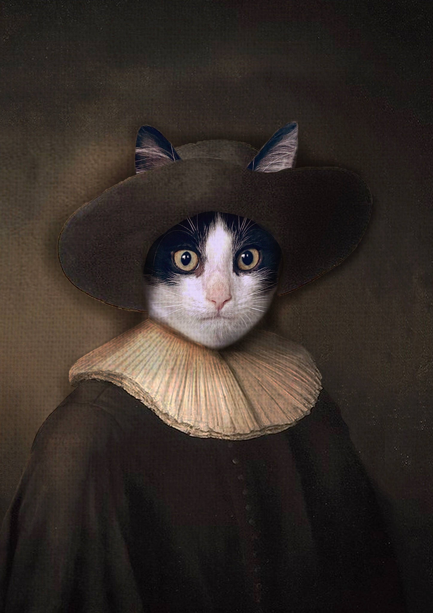 Kenzi participe au concours pour gagner de l'argent avec cette photo : art, carnivore, cat, costume_hat, domestic_short_haired_cat, eye, fashion_accessory, felidae, fur, grey, hat, headgear, helmet, iris, painting, small_to_medium_sized_cats, snout, sun_hat, visual_arts, whiskers