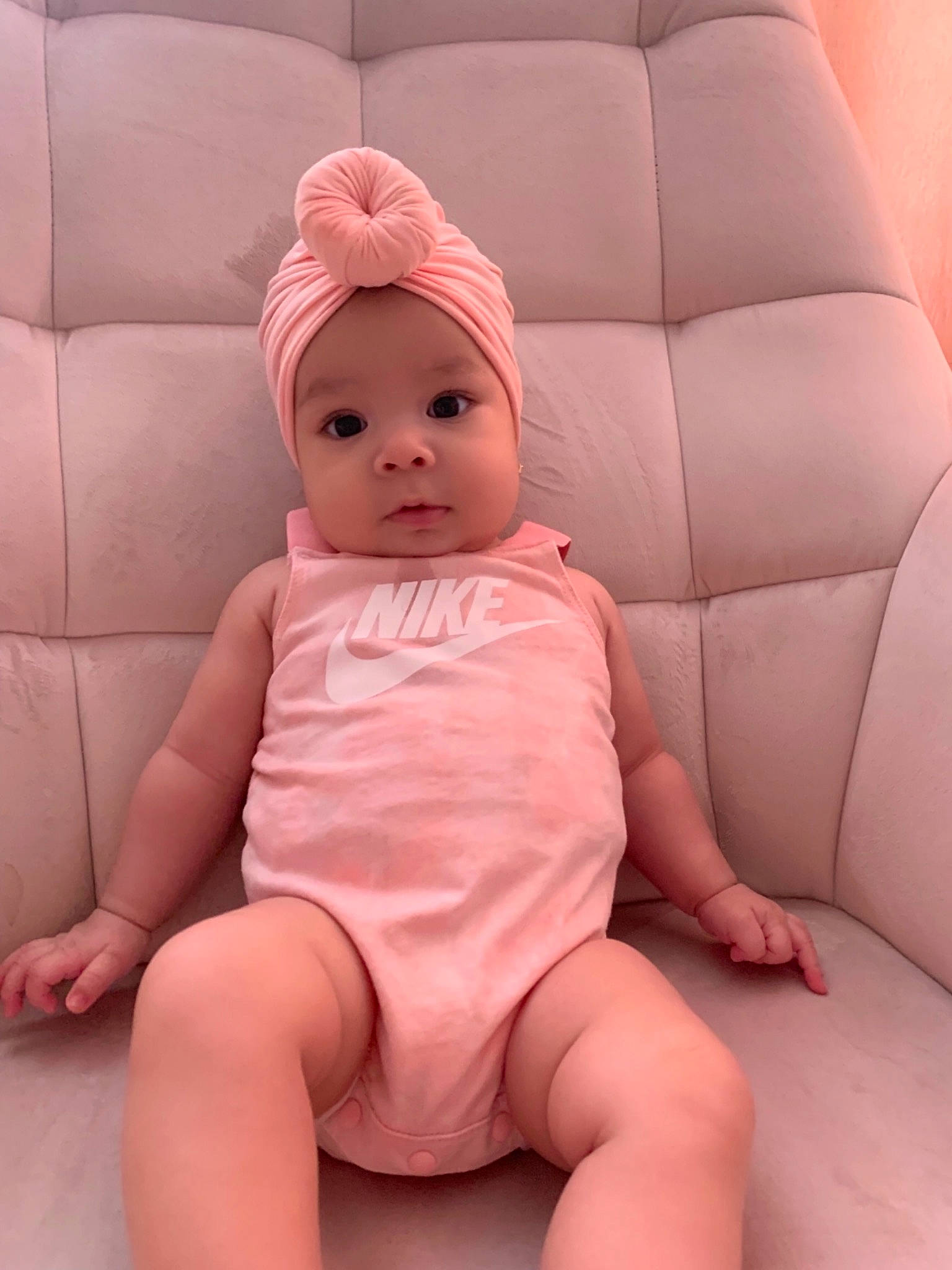 Alia joined the competition — help win amazing prizes! baby, baby_toddler_clothing, child, comfort, face, finger, head, headwear, human_body, human_leg, knee, lip, mouth, person, pink, skin, sleeve, stomach, textile, thigh