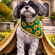Emma joined the competition — help win amazing prizes! dog, crown, cape, sunflower, greenery, castle, outdoor, pet, costume, portrait, flower, nature, animal, canine, grass, royalty, cute, fluffy, small_dog, sunshine