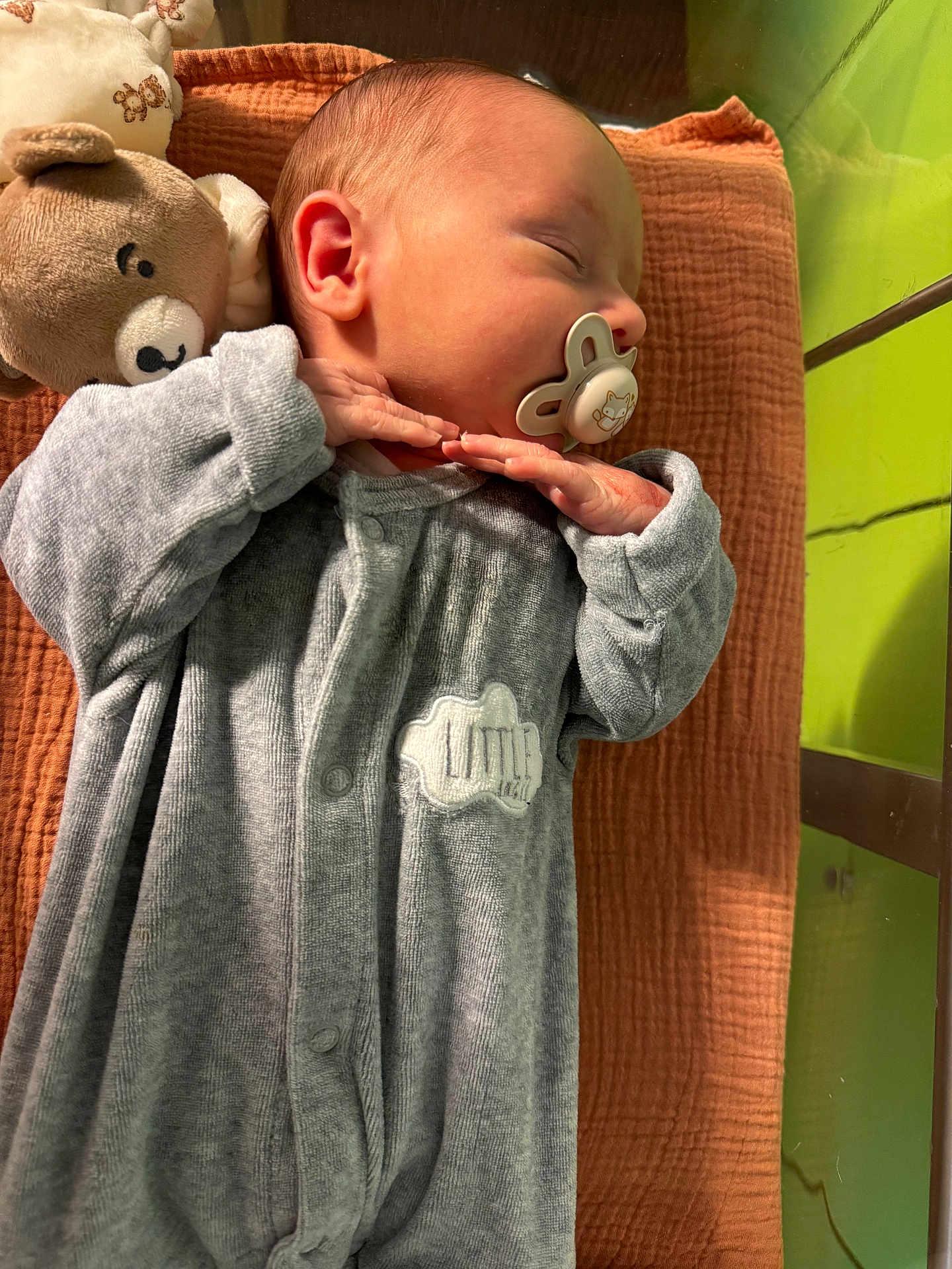 Elyo a rejoint le concours — aidez-le/la à gagner de superbes lots ! baby, sleeping, pacifier, onesie, teddy_bear, blanket, infant, cute, cozy, resting, child, soft_toy, indoors, portrait, peaceful, newborn, baby_clothes, face, hand, lying_down