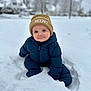 baby, beanie, blue_snowsuit, child, clothing, cold, cold_weather, cute, face, fun, hat, outdoor, person, playful, seasonal, sitting, smiling, snow, snowy_background, winter