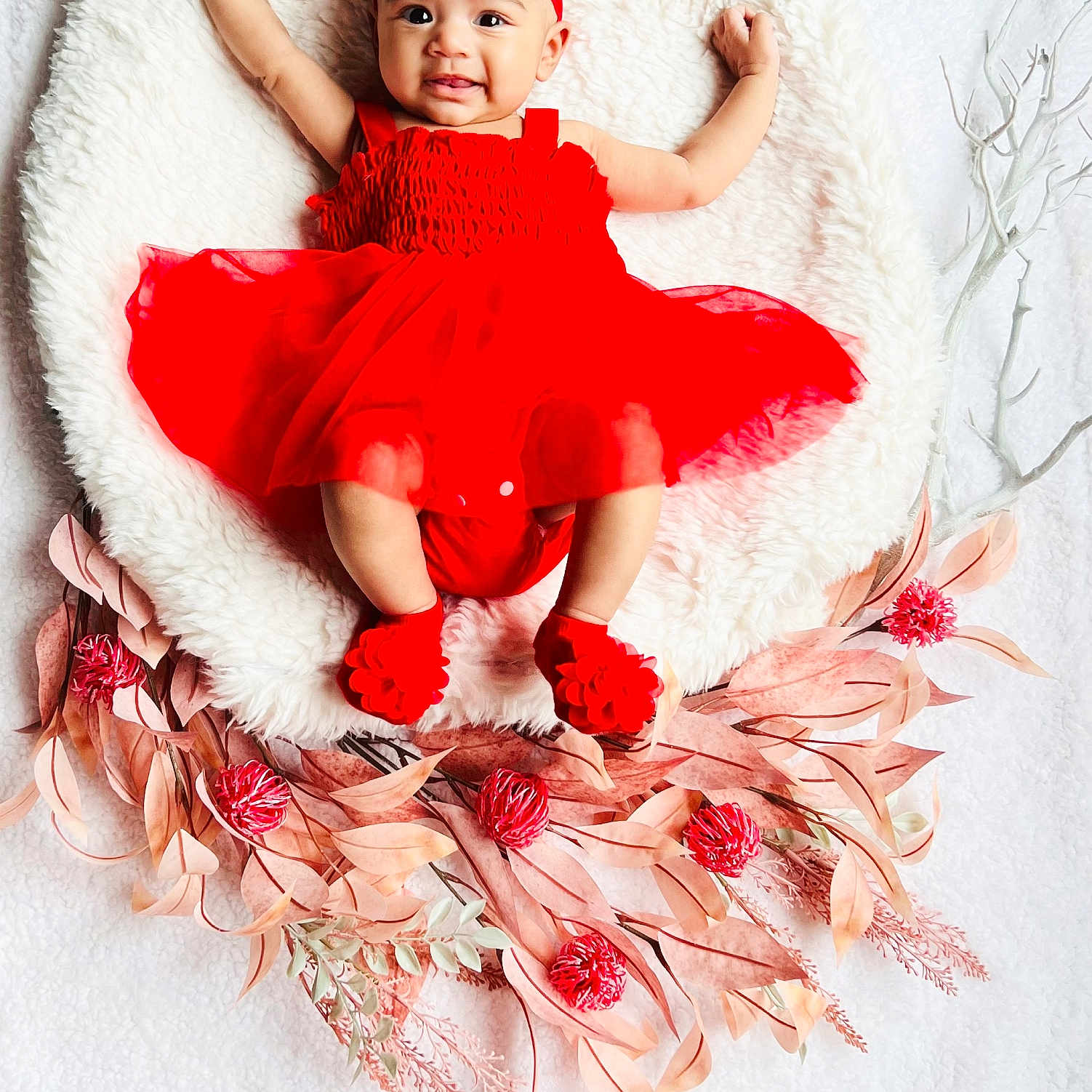 Samaira is registered to the contest to win money with this photo: angel, baby, bonnet, clothing, dress, face, flower, flowerarrangement, flowerbouquet, glove, hat, head, pattern, person, petal, photography, plant, portrait, sitting, toy