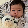 baby, infant, plush_toy, cow, pacifier, blanket, cozy, cute, child, soft_toys, indoor, portrait, face, person, sleeping_area, clothing, comfort, warm, young_child, expression