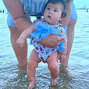 Gracelynn joined the competition — help win amazing prizes! baby, child, swimsuit, water, beach, adult, legs, arms, summer, outdoor, people, curious, holding, shallow_water, ocean, vacation, sunlight, sand, playful, family