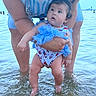 baby, child, swimsuit, water, beach, adult, legs, arms, summer, outdoor, people, curious, holding, shallow_water, ocean, vacation, sunlight, sand, playful, family