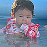 Gracelynn joined the competition — help win amazing prizes! child, pool, water, swimsuit, reflection, outdoor, summer, young_child, wet_hair, contemplative, cute, infant, baby, sitting, water_surface, colorful_clothing, patterned_clothing, sunlight, face, portrait