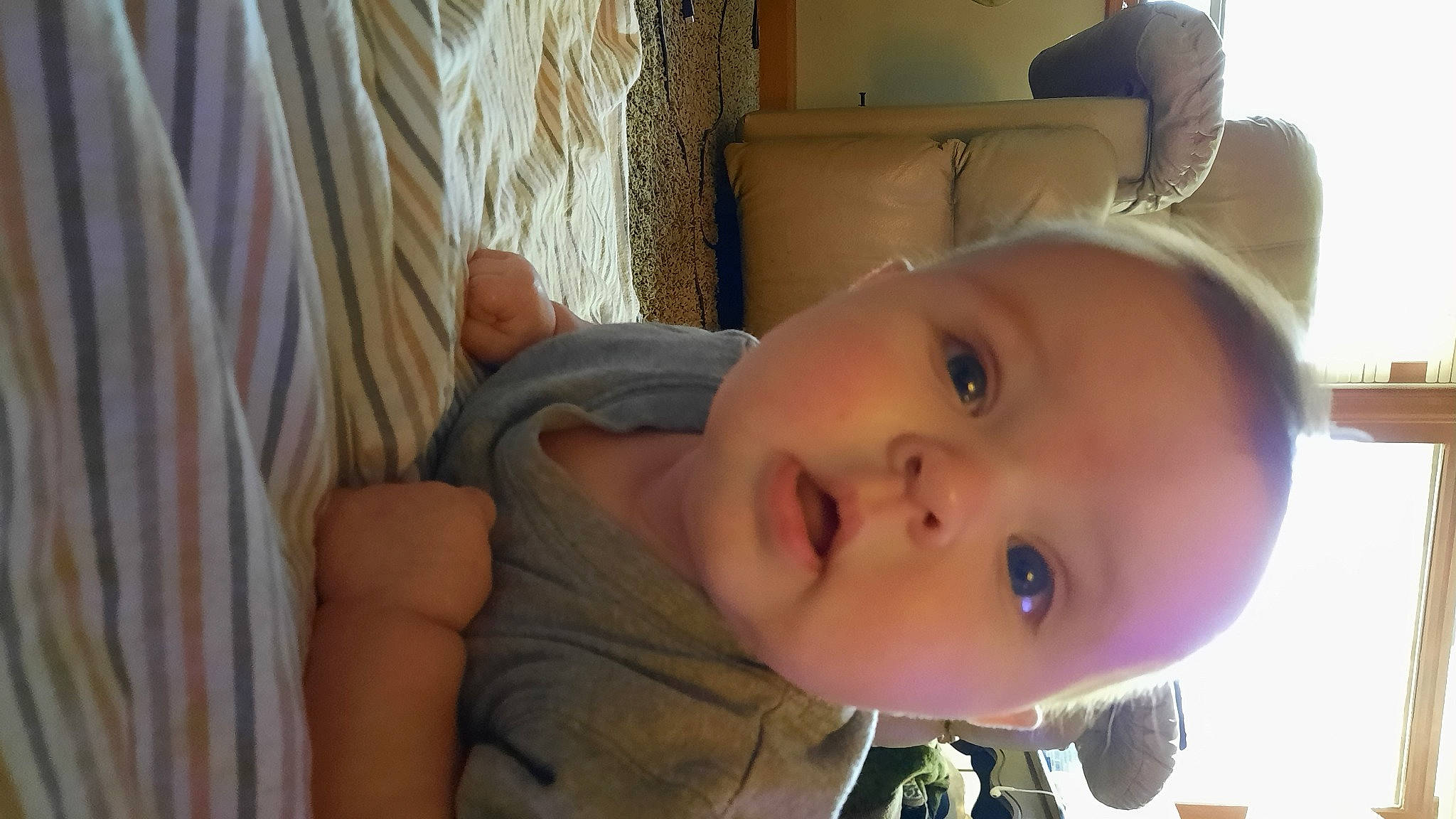 Jacob is registered to the contest to win money with this photo: baby, baby_toddler_clothing, cheek, chin, curtain, eye, eyelash, forehead, iris, lip, mouth, nose, person, plant, shipping_box, skin, smile, surprise, toddler, tree