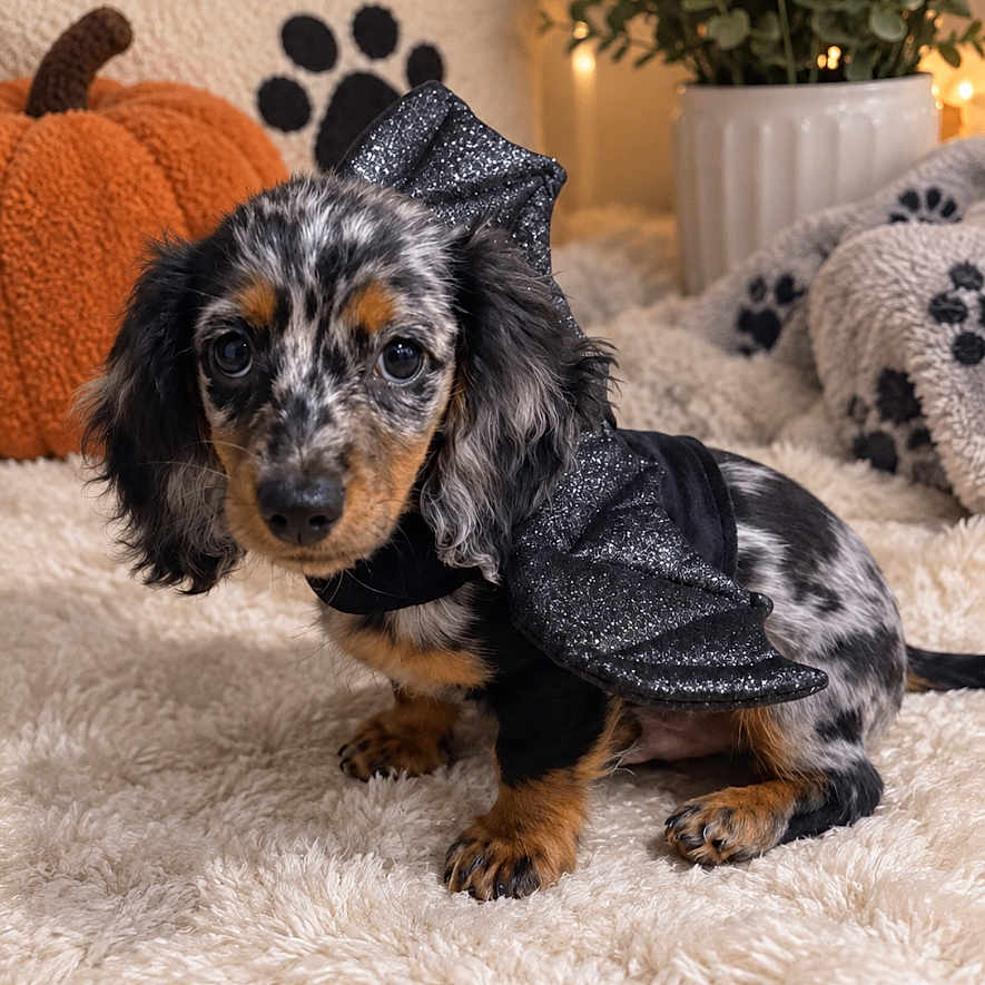 Astro joined the competition — help win amazing prizes! dog, dachshund, puppy, bat_costume, costume, black_clothing, speckled_fur, long_hair, sitting, indoors, living_room, cozy, fluffy_rug, blanket, pumpkin, plant, paw_print, autumn, portrait, pet_photography