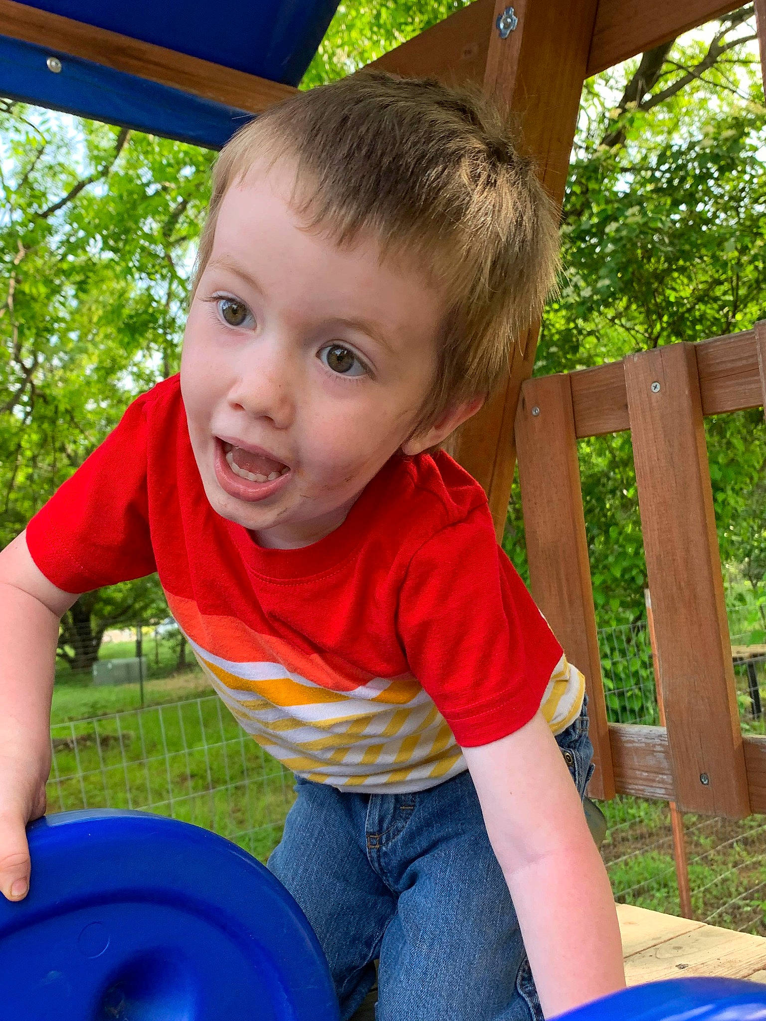 Joseph is registered to the contest to win money with this photo: baby_toddler_clothing, blue, child, electric_blue, facial_expression, fun, grass, happy, leisure, outdoor_play_equipment, person, play, public_space, recreation, sitting, smile, summer, t_shirt, toddler, tree