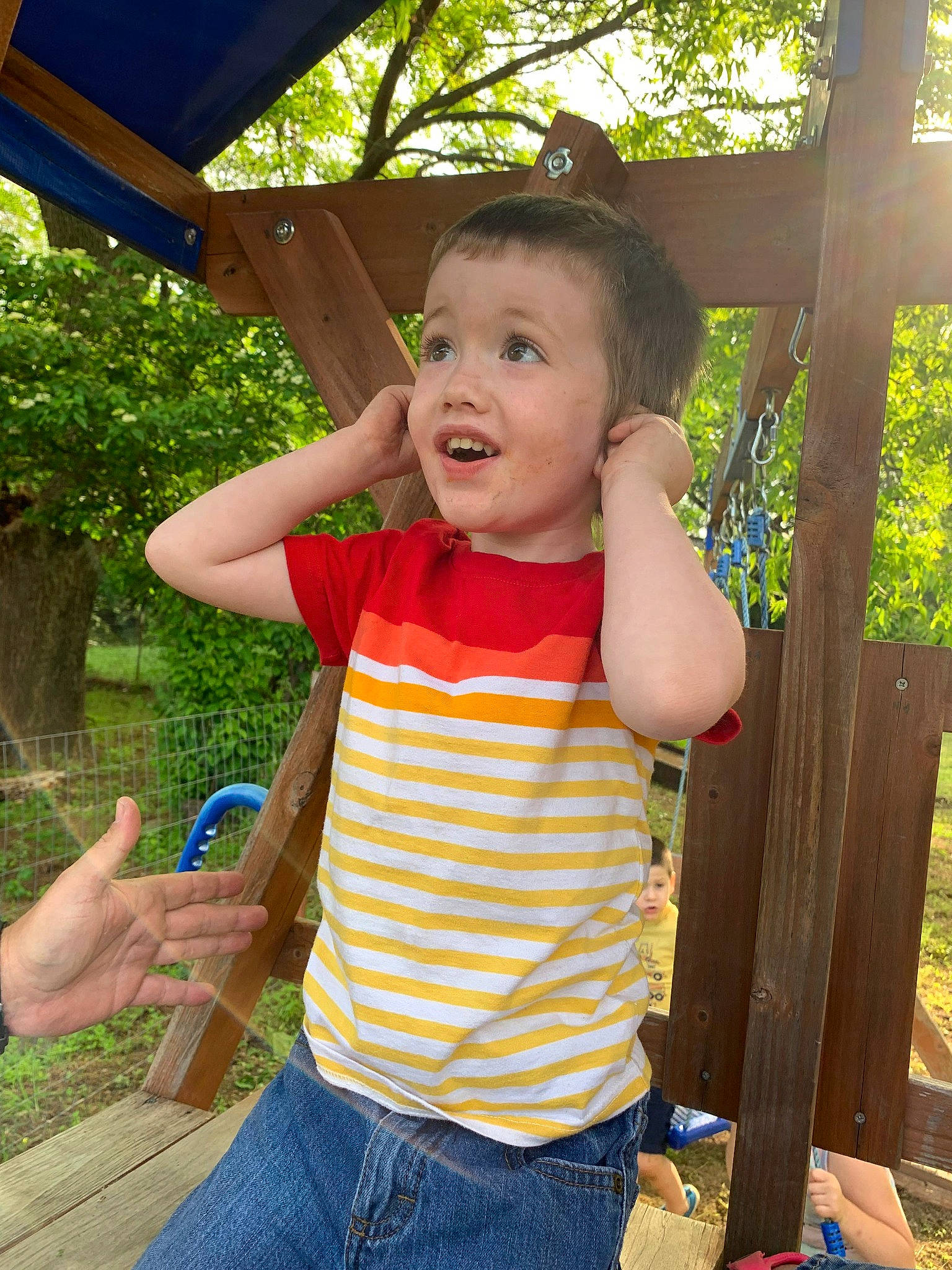 Joseph joined the competition — help win amazing prizes! baby, baby_toddler_clothing, child, finger, fun, grass, happy, jeans, leaf, leisure, people_in_nature, person, plant, recreation, shade, smile, summer, t_shirt, thumb, toddler