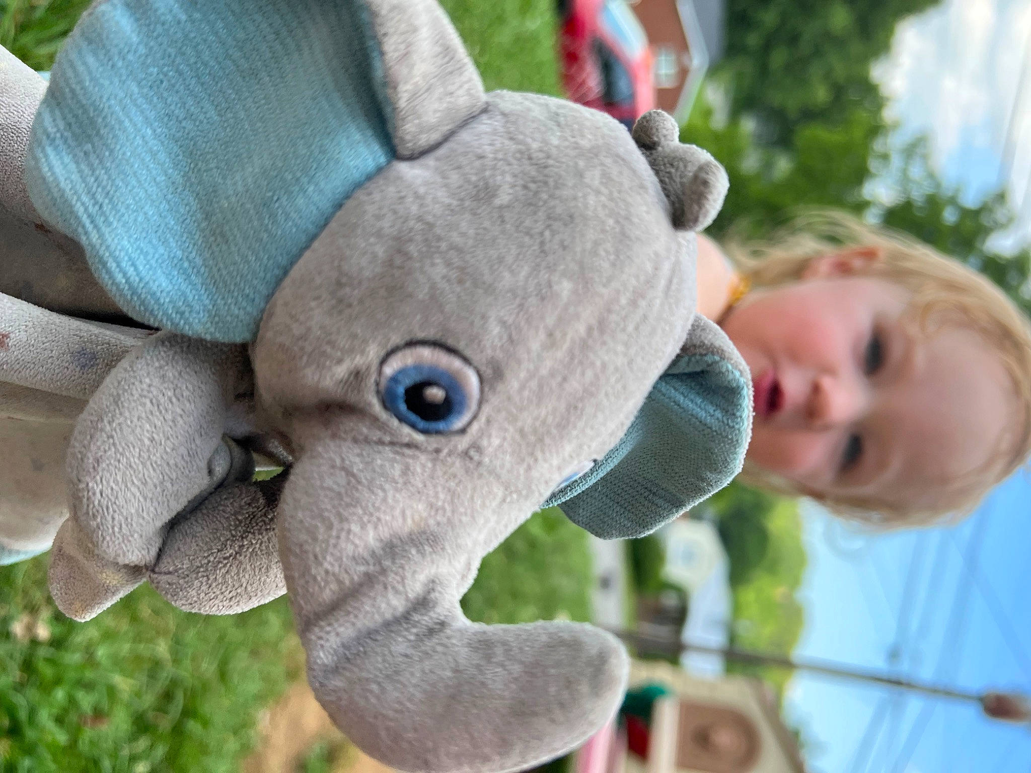 Eliyana is registered to the contest to win money with this photo: azure, elephant, eye, gesture, grass, green, grey, hand, happy, person, photograph, plant, sky, snout, stuffed_toy, terrestrial_animal, toddler, tree, wheel, white