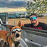 cloudy_sky, daylight, dirt, dog, goggles, grass, harness, leisure, man, nature, outdoor, person, pet, pickup_truck, reflection, rural, smile, sunglasses, tree, vehicle