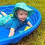 baby, child, pool, blue, hat, sunhat, grass, outdoor, smile, happy, toy, water, splash, summer, play, toddler, clothing, cute, fun, sun