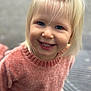 child, toddler, smile, blonde_hair, blue_eyes, sweater, pink_sweater, portrait, face, happy, cute, outdoor, closeup, person, kid, young_child, casual_clothing, hair, joyful, warm_clothing