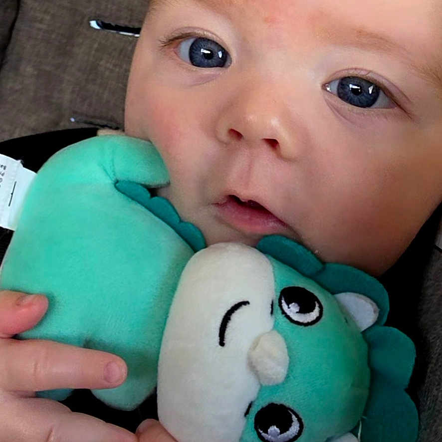Maddox is registered to the contest to win money with this photo: baby, background, blue_eyes, child, close_up, couch, cute, expression, face, hands, holding, indoor, infant, plush_toy, portrait, seated, skin, soft_toy, stuffed_animal, young_child