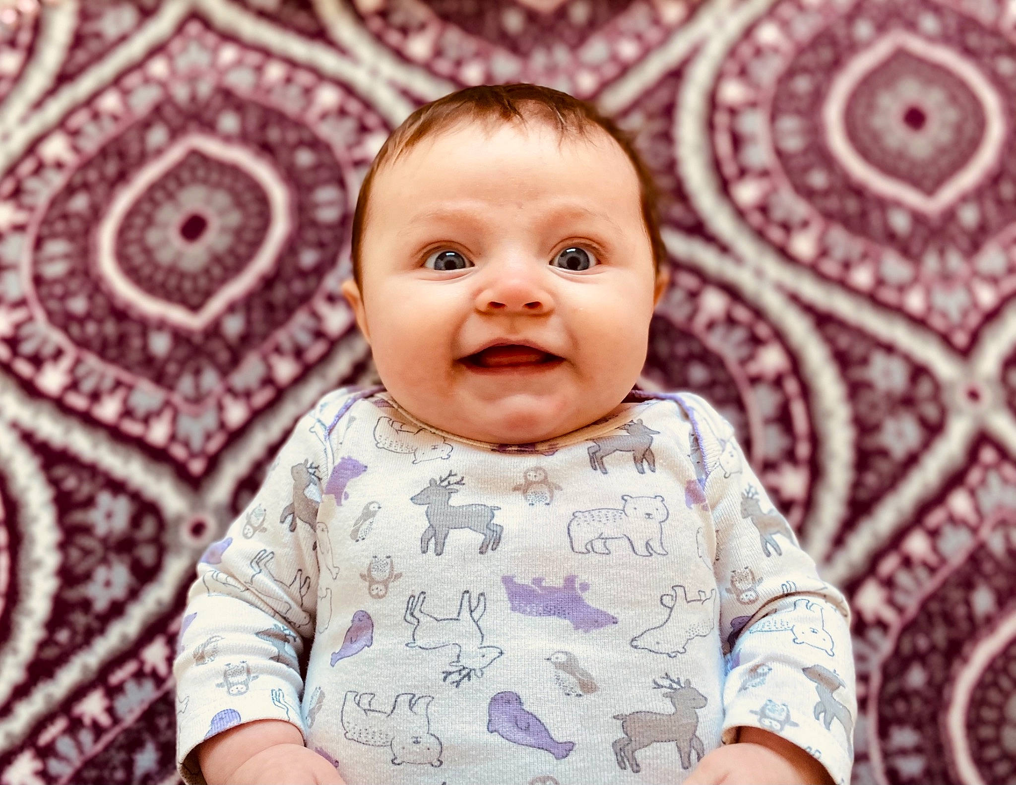 Ryleigh joined the competition — help win amazing prizes! baby, baby_laughing, baby_toddler_clothing, cheek, child, eyebrow, iris, linens, lip, long_sleeved_t_shirt, mouth, nose, pattern, person, pink, pleased, portrait_photography, skin, sleeve, textile