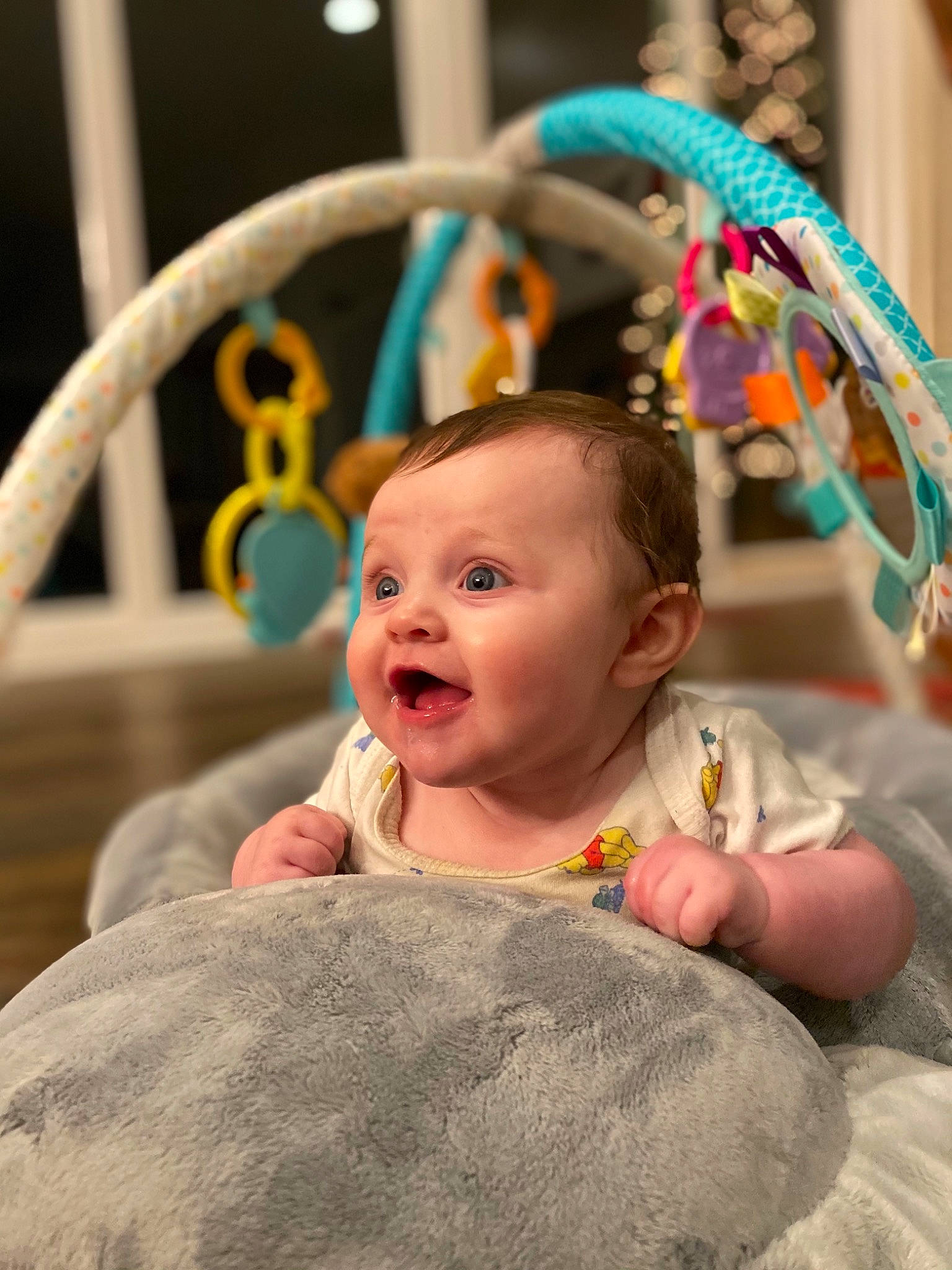 Ryleigh is registered to the contest to win money with this photo: baby, baby_laughing, baby_products, baby_toddler_clothing, baby_toys, child, ear, hair_accessory, mouth, person, toddler, tongue