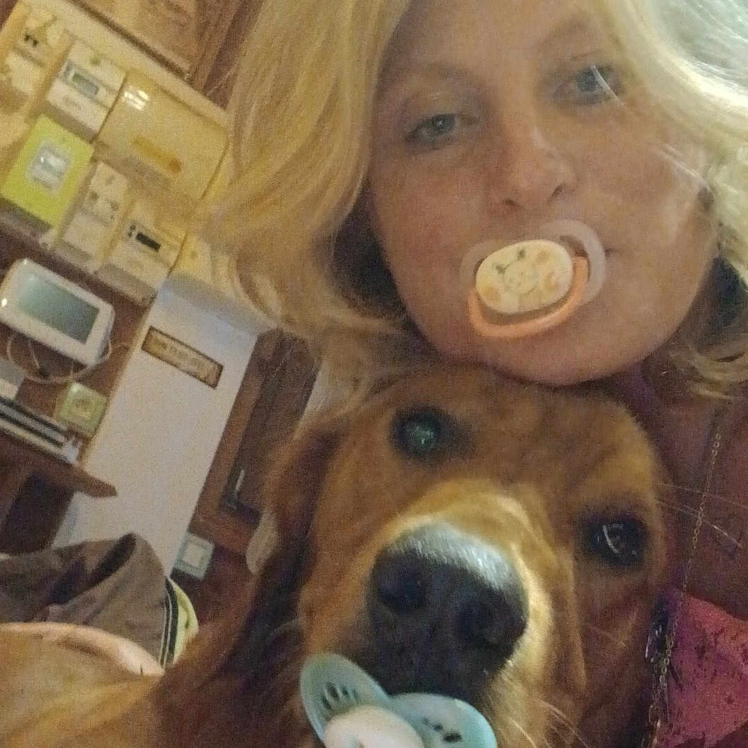 Mougenel Virginie a rejoint le concours — aidez-le/la à gagner de superbes lots ! animal, blonde_hair, close_up, companion, cute, dog, face, friendship, fun, golden_retriever, humor, indoor, pacifier, person, pet, portrait, relaxed, selfie, woman, wooden_wall