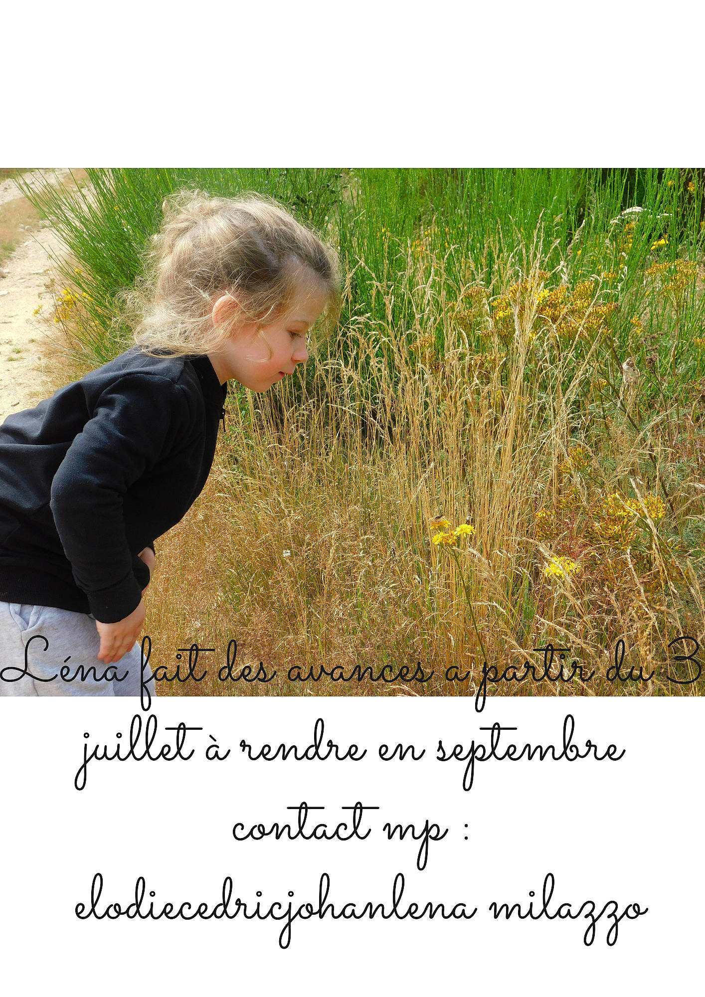 Lena participe au concours pour gagner de l'argent avec cette photo : child, flower, flowering_plant, font, grass, grass_family, grassland, groundcover, handwriting, happy, landscape, natural_landscape, pasture, people_in_nature, person, plant, prairie, shrub, soil, terrestrial_plant