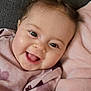 baby, smiling, face, eyes, blanket, clothing, pink, purple, happy, infant, cute, portrait, child, cozy, soft, closeup, young, cheerful, warm, indoors