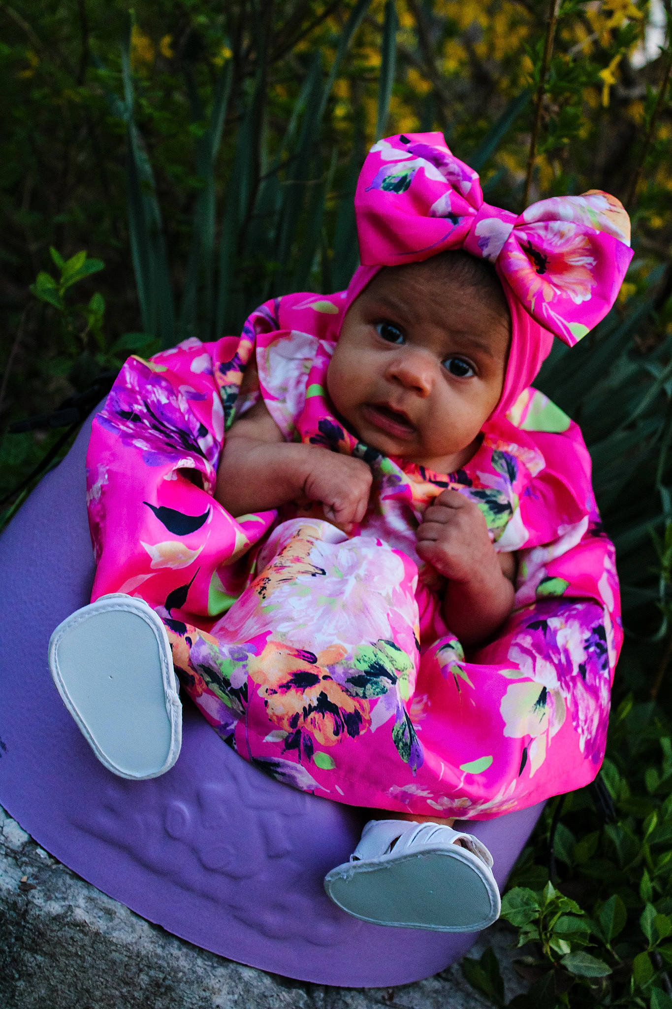 Wynter joined the competition — help win amazing prizes! baby, baby_toddler_clothing, child, eye, face, fun, grass, happy, head, headwear, leisure, magenta, pattern, people_in_nature, person, pink, plant, recreation, sitting, toddler