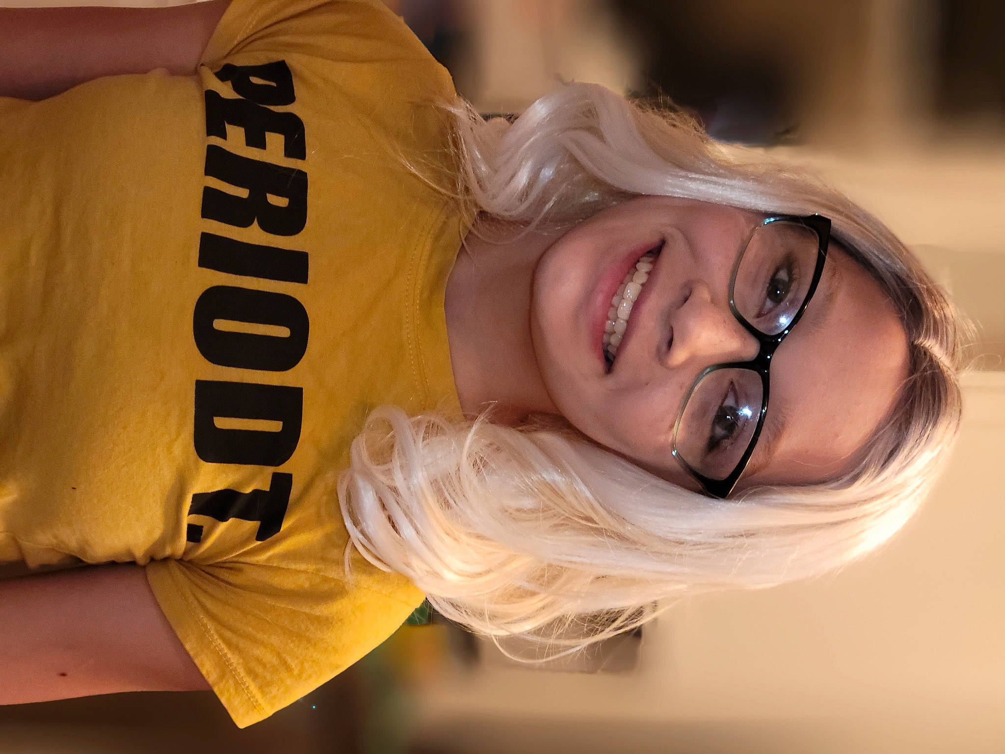 Tasia is registered to the contest to win money with this photo: brown_hair, comfort, eye, eyelash, eyewear, fun, glasses, hair_coloring, happy, human, joy, long_hair, mouth, orange, person, personal_protective_equipment, recreation, skin, sleeve, smile