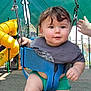 Caspain is registered to the contest to win money with this photo: baby, child, swing, playground, slide, yellow_slide, purple_slide, outdoor, person, green_canopy, supporting_hand, shorts, tshirt, happy, curious, daytime, park, play_equipment, fun, summer