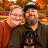 autumn, beard, closeup, couple, dog, fall_foliage, glasses, happy, hat, hay_bales, leaves, nature, outdoor, pet, portrait, pumpkins, seasonal, smiling, sweater, warm_colors