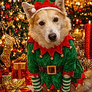 Dakota is registered to the contest to win money with this photo: dog, christmas, holiday, elf_costume, festive, decorations, christmas_tree, presents, candles, gold, red, green, costume, pet, cute, celebration, indoors, fur, portrait, holiday_season